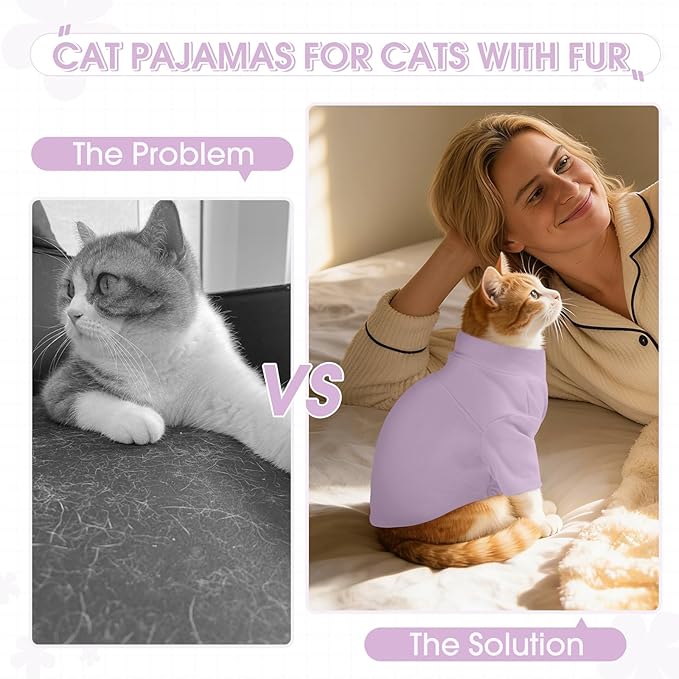 Sphynx Hairless Cat Clothes, Soft Cotton Pullover Turtleneck Shirt with Sleeves for Kitten Puppy Small Dogs, Cat Pajamas for All-Season - Purple XS