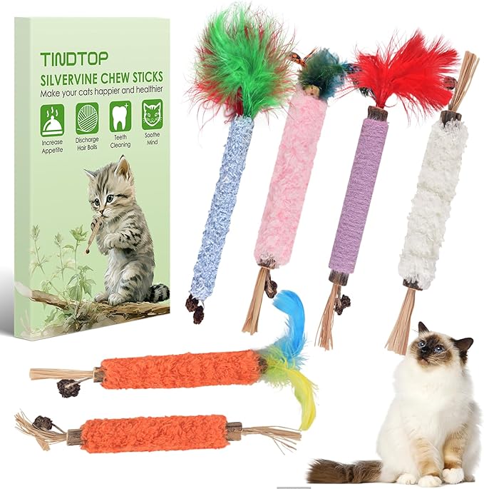 TINDTOP Cat Chew Toys, 6 Pack Silvervine Chew Sticks for Kittens Teeth Cleaning, Matatabi Dental Care, Increase Appetite, Aggressive Chewers Cat Dental Toy
