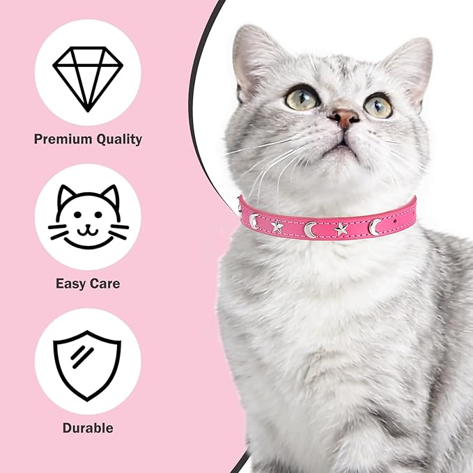 Leather Cat Collars for Boy Girl Cats with Bell and Safety Elastic Belt, Personalized Star and Moon Stud Adjustable Safe Buckle Collar for Kitty Small Big Cats Size 7-9 Inch, Rose