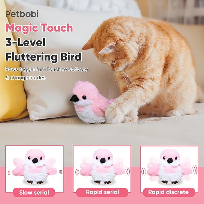 Petbobi Flappy Bird Cat Toy - Realistic Interactive Cat Toy with Sparrow Bird Chirp Tweet Flapping Wings (Non-Flying Design), Rechargeable Motion-Activated Catnip Toys for All Breeds Kittens, Pink