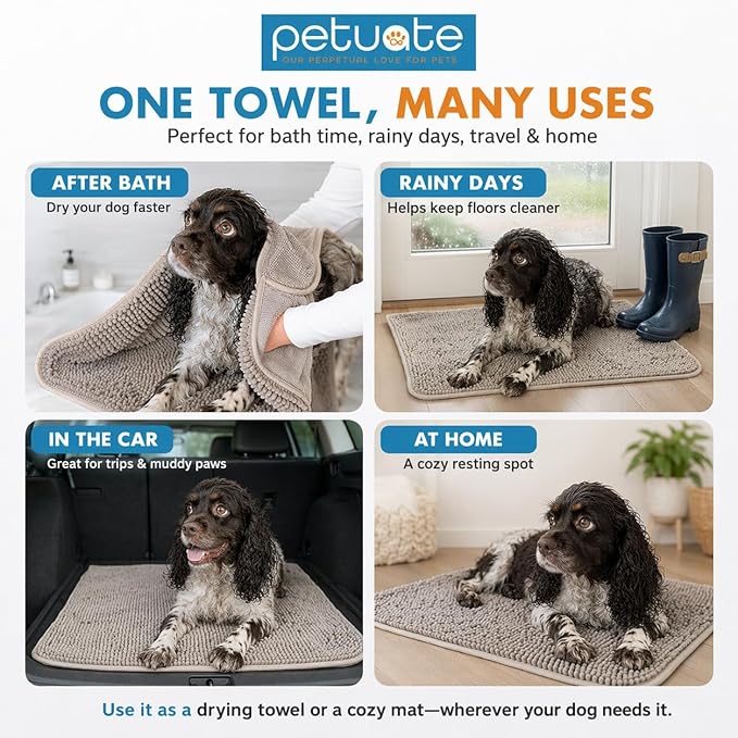 Pet 2-in-1 Dog Towel & Mat – Transforms from Drying to Bath Mat, Ultra Soft, Absorbent & Quick-Drying, Machine Washable Dog Towels with Detachable Non-Slip Mat and Hand Pockets (Medium)