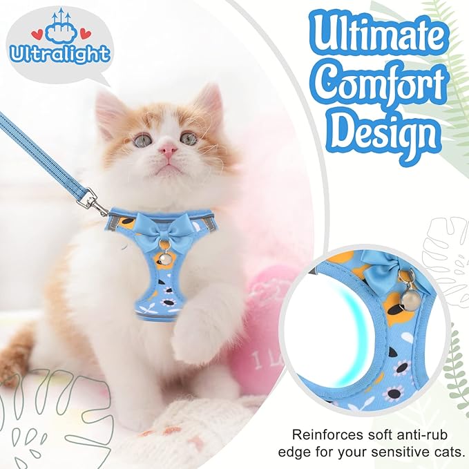 Cat Harness and Leash Escape Proof for Walking, Adjustable Soft Kitten Harness with Reflective Straps Step in Cat Vest Harness for Small Kitten and XS Dogs (Blue, XS-Chest(10.2"-11.8"))
