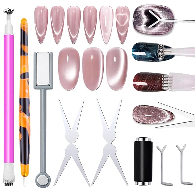 8pcs Cat Eye Nail Tools – Magnetic Pen, Cylindrical Magnets, Scissor & Y-Shaped Plates for French Heart Cat Eye Effect