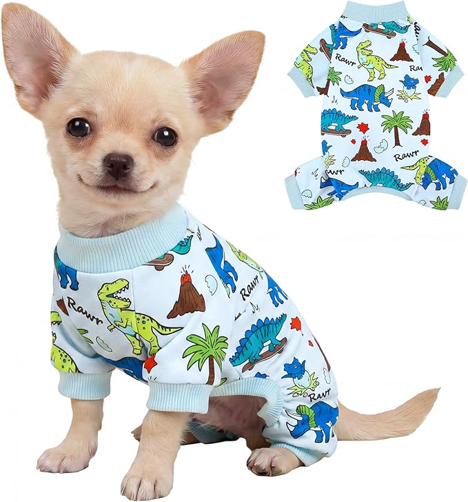 XPUDAC Dog Pajamas Dinosaur Dog Clothes for Small Medium Dogs Boy Girl Stretchy Cozy Pet Onesie with Feet Doggie Jammies Cat Apparel, XS