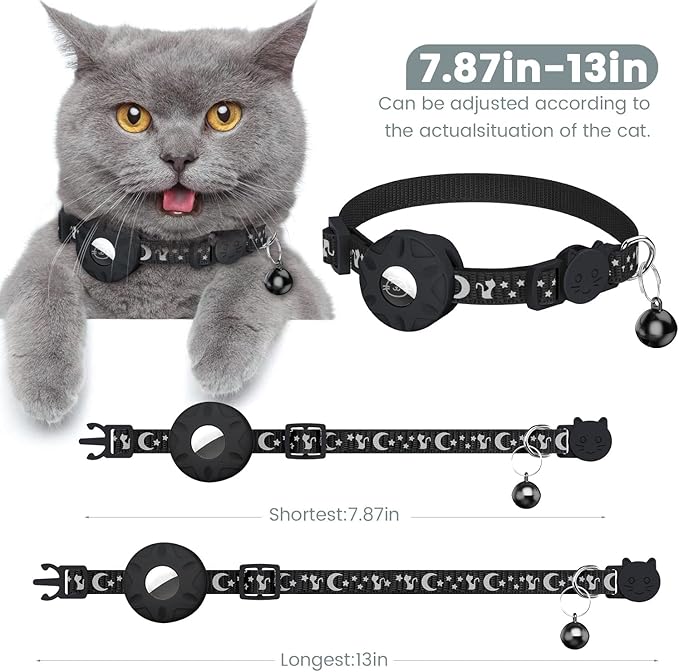 Simket Airtag Cat Collar Breakaway, Cat Collar for AirTag, Refective Kitten Collar with Bell and Apple Air Tag Holder for Girl Boy Cats, 0.4 Inches in Width and Lightweight (Black)