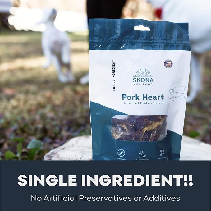 Skona PetFood Premium Chewy Dehydrated Pork Heart Jerky for Dogs & Cats, 1 lb of Pork Heart Dehydrated to 4 oz, Single-Ingredient High Protein Training Treats, Supports Heart, Eye & Dental Health, USA