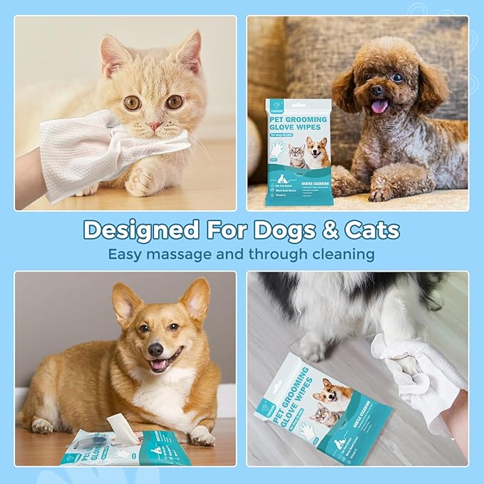 Vannon Extra Thick Pet Bathing Wipes for Dogs & Cats, Cleaning & Odor-Controlling Grooming Gloves, Nourish Fur Glove Wipes for Daily Care and Traveling, Rinse Free, Unscented, 2 Pack, 12 PCS