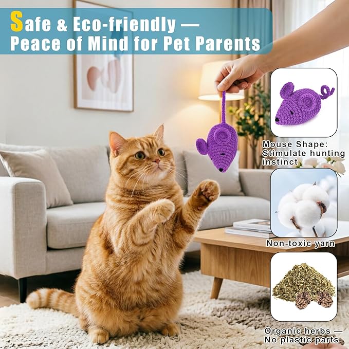 Retro Shaw Catnip Toys Crochet Mouse 6 Pcs - 100% Natural Catnip & Silvervine Blend Yarn Cat Nip Mice, Durable Hand-Knitted Teething Chew Toy for Indoor Cats & Kittens, Interactive Play & Dental Care