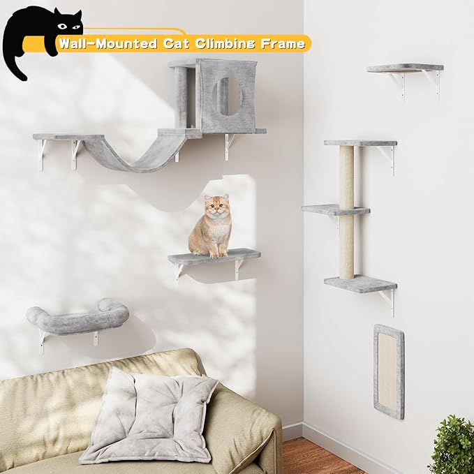 NUNU LAB Cat Wall Shelves, 6 Pcs Luxury Wall-Mounted Cat Climber Set, Indoor Cat Furniture with 1 Condos House, 2 Cat Wall Shelves, 1 Scratching, 1 Bridge Ladder, 1 Scratching Pad, Silver Grey