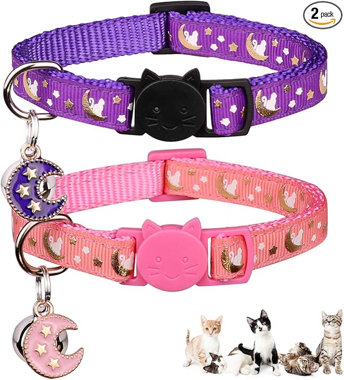 Baeuppit 2Pcs Breakaway Cats Collars Cat Collars for Boy & Girl Cats Adjustable Kitten Collars with Bell,Pink+Purple,8"-13.1"