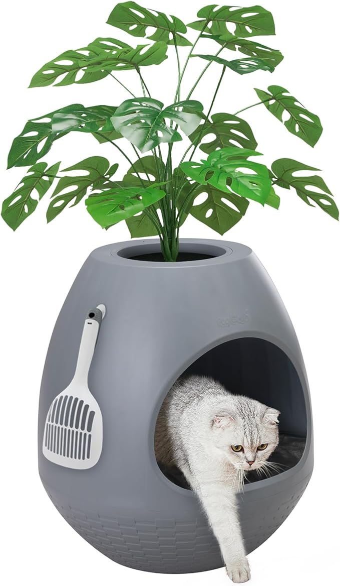 Eggloa6 Hidden Cat Litter Box with Artificial Plants - Egg-Shaped Enclosure Includes Scoop, Discreet Furniture for Home Decor, DIY Assembly Cat Litter Box Cabinet for Living Room(Grey)