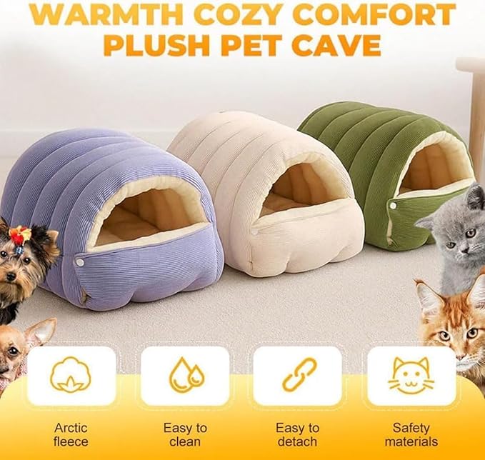Removable and Washable Winter Closed-Off Cat Bed, Cutypet Winter Cave, Warm Foldable Secure Pet Nest for Indoor Cats & Small Dogs, Comfor Plush Snuggle Hut for Kitty, Puppy, Pets (Corduroy-Purple,L)