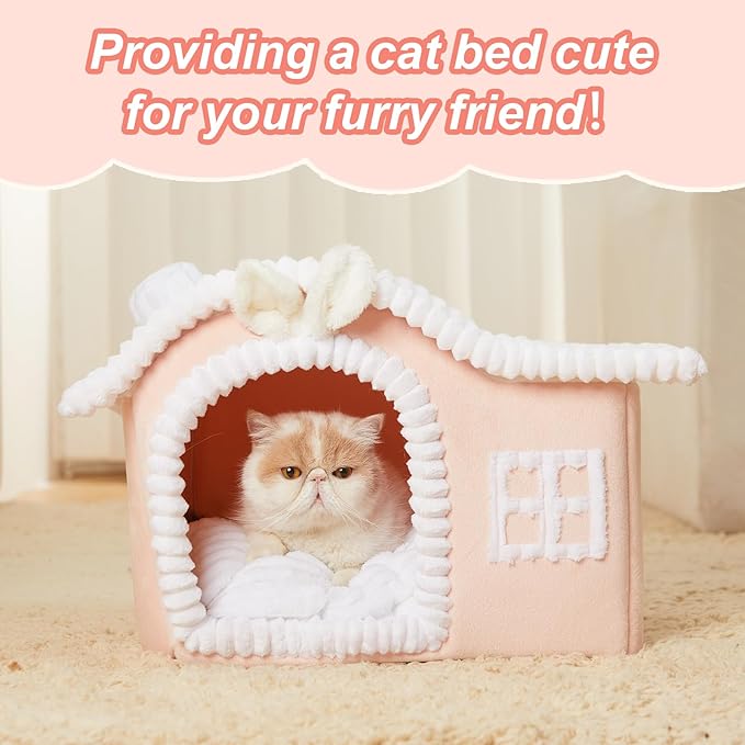 Jiupety Rabbit Cat Houses for Indoor Cats, Chimney Cute Cat Bed Cave, Enough Interior Space, Cartoon Soft Pet House Up to 3-10 lbs Kitten, Pink