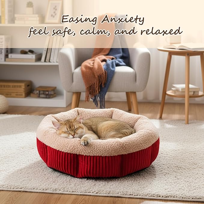 AceOrbit 4 Pack Cat Bed Bulk 20in Self Warming Pet Beds for Small Cats Dogs Washable Red Round Donut Calming Bed with Anti-Slip Bottom Pet Gift Winter for Small Medium Cats and Dogs Puppy Kitten