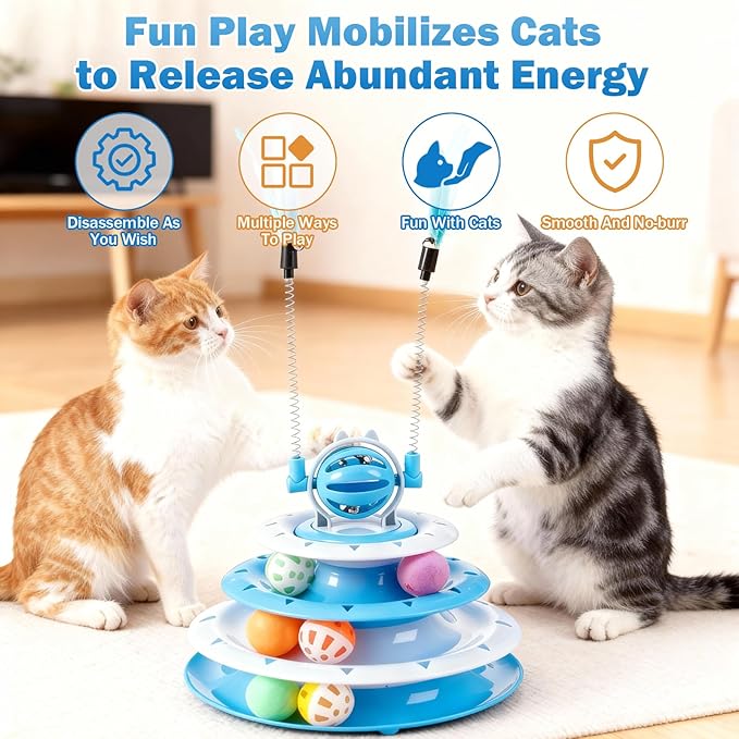 Cat Turntable Toy Ball - Interactive Kitten Toys & Toys for Indoor Cats with 6 Colorful Balls & 2 Cat Teaser Wands, Fun Mental & Physical Exercise Puzzle Plaything for Kitty Kitten to Play (Pink)