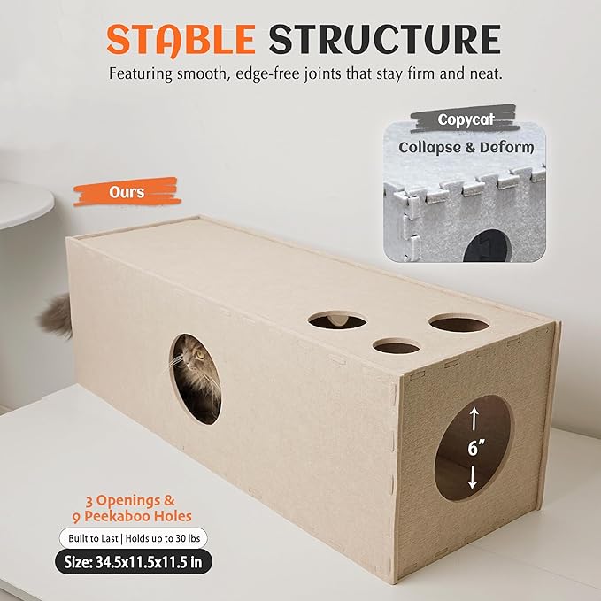 PETKARAY Cat Tunnel, Original Cat Hideaway Cave for Indoor Cats, Large Kitten Play Tubes and Tunnels, Soft Felt Cat Toy with Interactive Peek Hole, Beige Straight