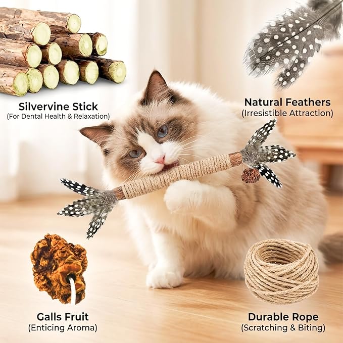 Cat Toys,14Pack Silvervine Cat Feather Toy Kitten Chew Stick Catnip Treat for Cleaning Teeth Indoor Kitty Teaser Wand Molar Snack Interactive Pet Rabbit Bunny Hamster Guinea Pig
