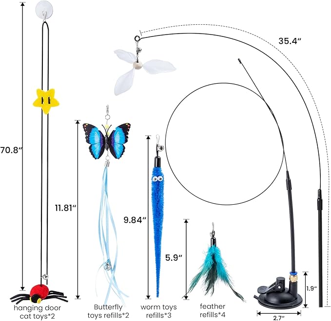 3-in-1 Cat Wand Toys,12Pcs Interactive Cat Feather Toys for Indoor Self Play & Exercise,2 Reusable Strong Suction Cups,2 Hanging Spider Toys for Kitten