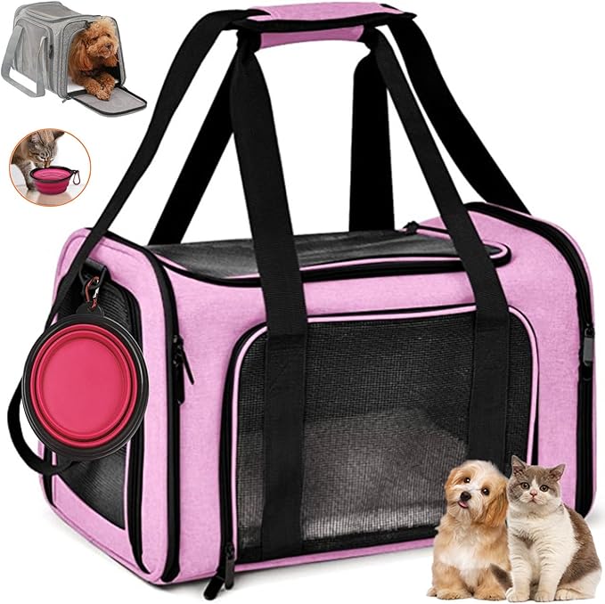 17×11×11 Inches Cat, Dog Carrier for Small Medium Puppies up to 15 Lbs,Soft-Sided Travel & Airline Approved Pet Carrier,Breathable & Foldable Design for Daily Use & Pet Care with Foldable Bowl