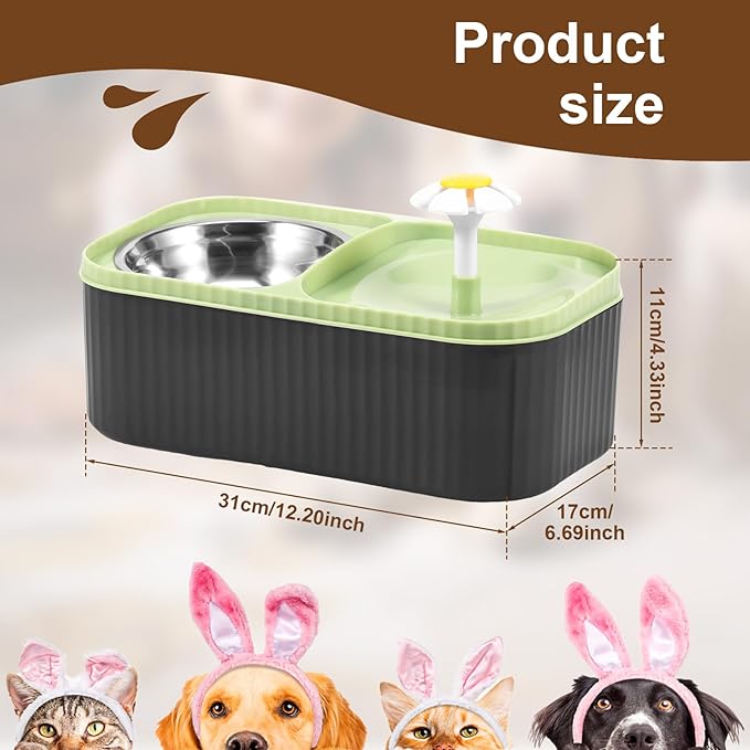 Cat Water Fountain and Food Bowl, 3L Ultra Quiet Pet Water Dispenser with Quadruple Filtration System,Cat Feeding & Watering Supplies, Automatic Flower Fountain & Stainless Steel Bowl for Cats (green)