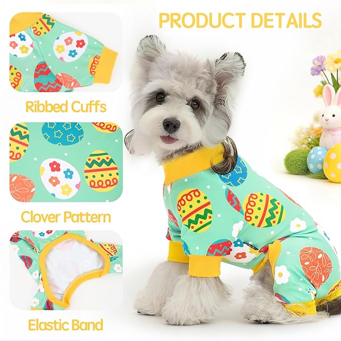 XPUDAC Easter Dog Pajamas, Soft Lightweight Dog Outfit Easter Eggs Puppy Clothes for Small Medium Dogs Pjs Pet Jumpsuit, S