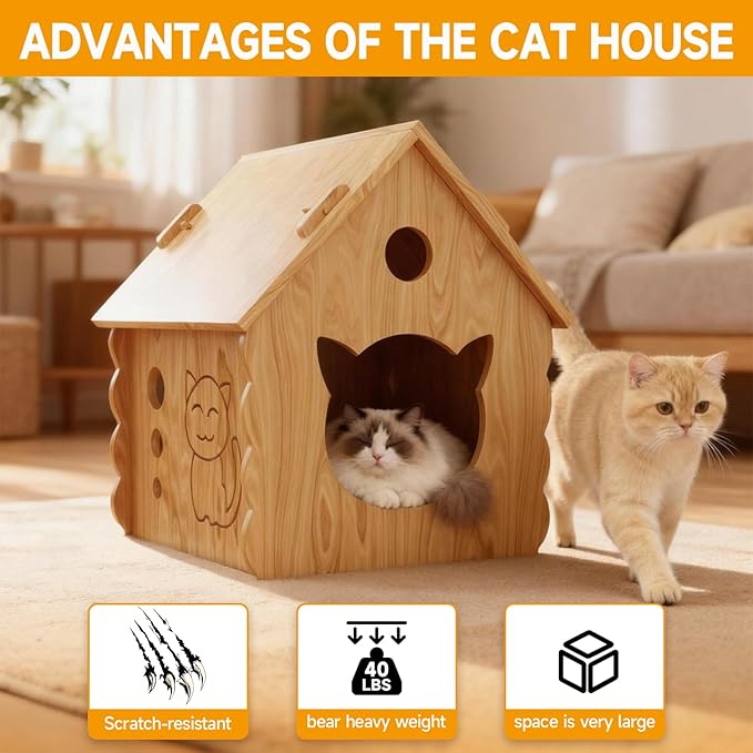 Pinewood Cat House,Habitat for Small Animals,Shelter for Wild Cats,Suitable for Indoor Kittens, Chickens and Dog with Air Vents Warm Cat Cave,Durable, Weather-Resistant, DIY Paintable,Easy to Install