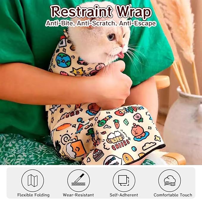 MANON ROSA Cat Grooming Wrap – Self-Adherent Anti-Scratch Swaddle Restraint Bag for Stress-Free Nail Clipping, Medication, Multifunctional Care - Purrito Papoose Pet Tools (M Within 9.9lbs)