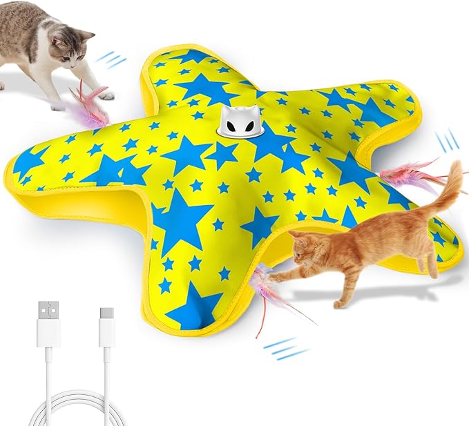 Rechargeable Interactive Cat Toys, Automatic Cat Toy for Indoor Cats, Durable Hide and Seek Cat Toy with Moving Concealed Feathers, Touch Activated Kitten Toys Cat Exercise Toys, Yellow Blue Cover