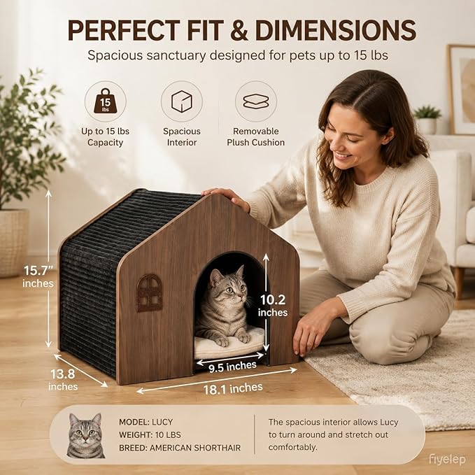 Modern Wooden Cat House Indoor – E0 Grade Enclosed Cat Cave Bed with Washable Cushion, Eco-Friendly Non-Toxic Pet Furniture for Kittens & Medium Cats