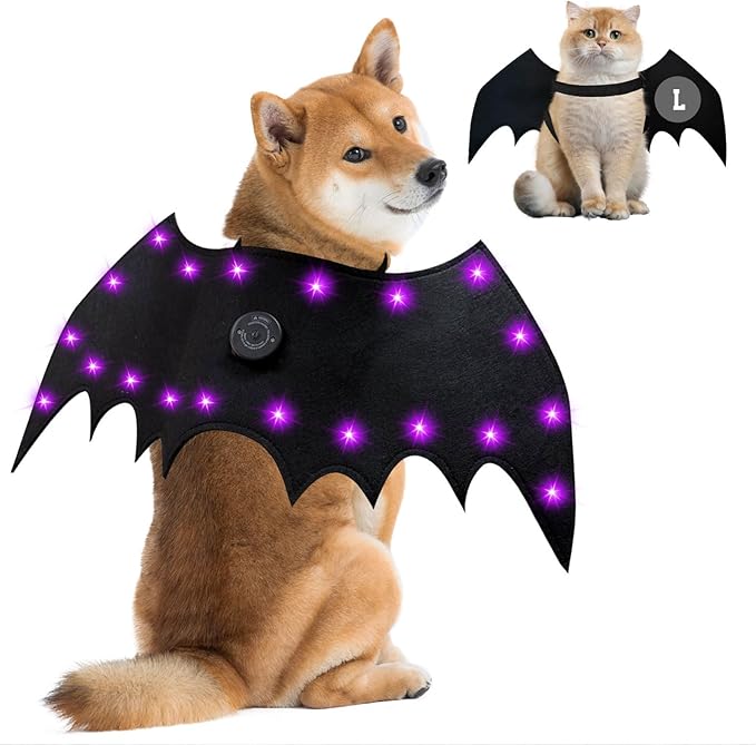 LED Bat Wings for Pets - Halloween Costume with 20 Lights, 4 Modes, Adjustable Fit for Cats & Dogs, Safe Soft Material for Party Trick or Treat （L Size）
