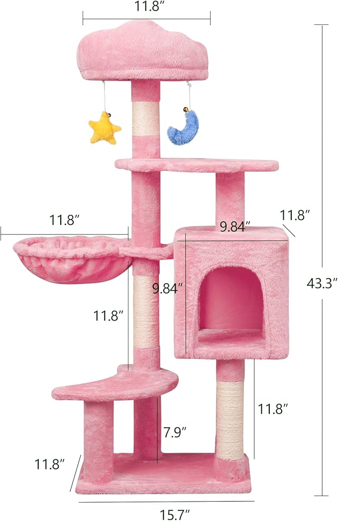 Meecal 43-Inch Cat Tree,Cute Cloud Cat Tree for Kittens & Small Cats Under 6 Months 9lbs, Cat Tower with Scratching Post, Double Condos, Plush Hammock & Dangling Toys, Pink