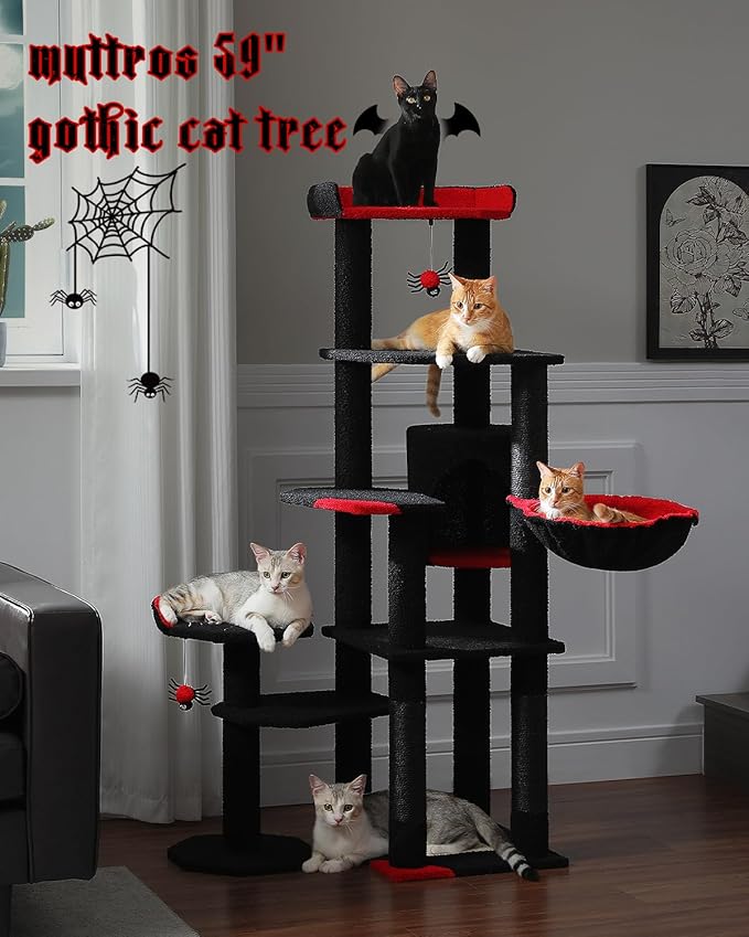 MUTTROS 59" Gothic Cat Tree with Coffin Bed-Black Cat Tower for Indoor Cats with Spacious Cat Condo & Cozy Hammock, Spider Hanging Balls, Sisal Scratching Post and 2 Spooky Perches for Halloween