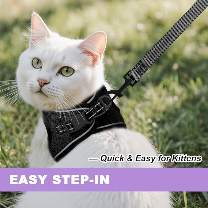 Cat Harness and Leash Set,Escape Proof Kitten Harness,Step in Adjustable Soft Lightweight,Easy Control,Reflective Strips Comfortable for Walking Travel(Black,XS)