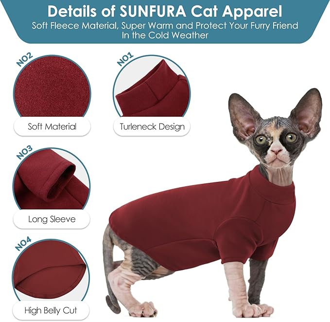 Turtleneck Sweater for Cat, Sphynx Hairless Cats Shirt Sweaters with Sleeves, Warm and Soft Kitten Pullover Fleece Winter Pajamas Jumpsuit for Puppy, Burgundy S