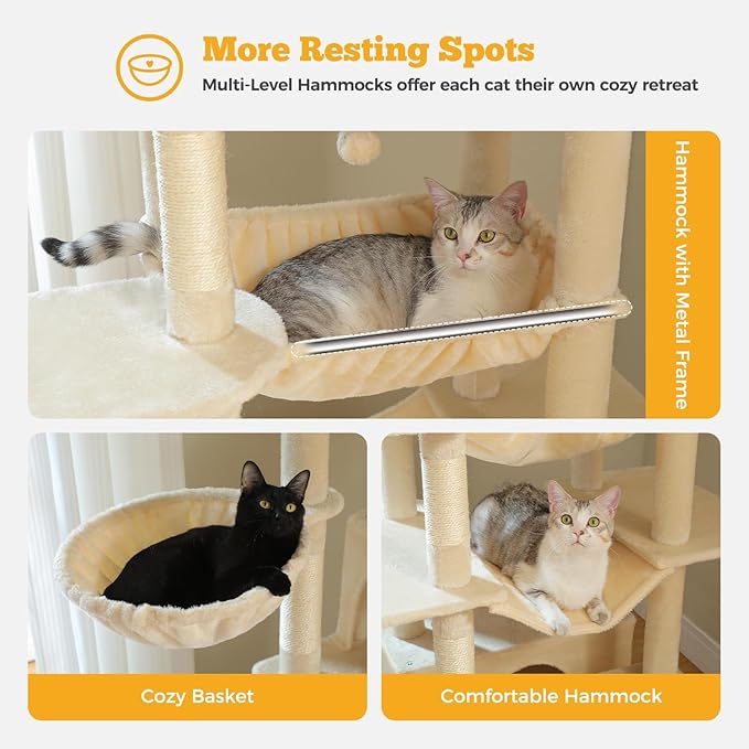 MUTTROS 81" Heavy Duty Cat Tree for Large Cats up to 20lbs - Extra Tall Cat Tower with Metal Frame Hammock, 6 Sisal Scratching Posts, 2 Perches - Indoor Cat Furniture for Maine Coon, Big Cats, Beige