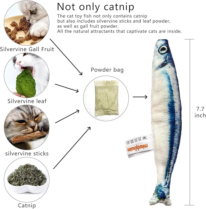 miwoowim 6 PCS Cat Fish Toy Soft and Durable,Cat nip Toy with Catnip Inside, Kicker Toys for Indoor Kitten Exercise,Kitty Teething Chew Toy (6 Sauries)