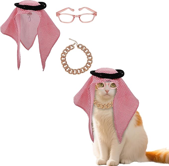 4PCS Small Pet Cosplay Clothing Set Cat Costume Bandana Pet Head Wrap Photo Prop Headwear with Necklace and Glasses