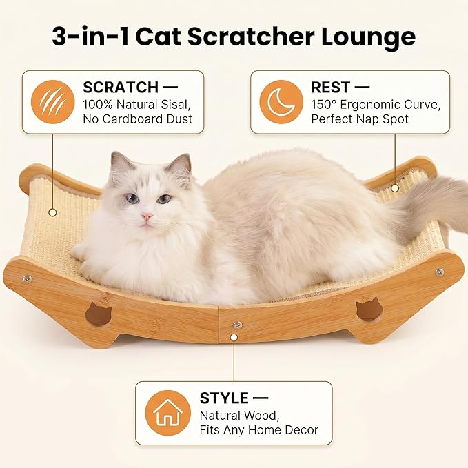 Sisal Cat Scratcher Bed, 3-in-1 Natural Sisal Scratching Board & Hammock, Solid Wood Frame, Ergonomic 150° Curve, No Cardboard Dust, for Indoor Cats up to 20 lbs