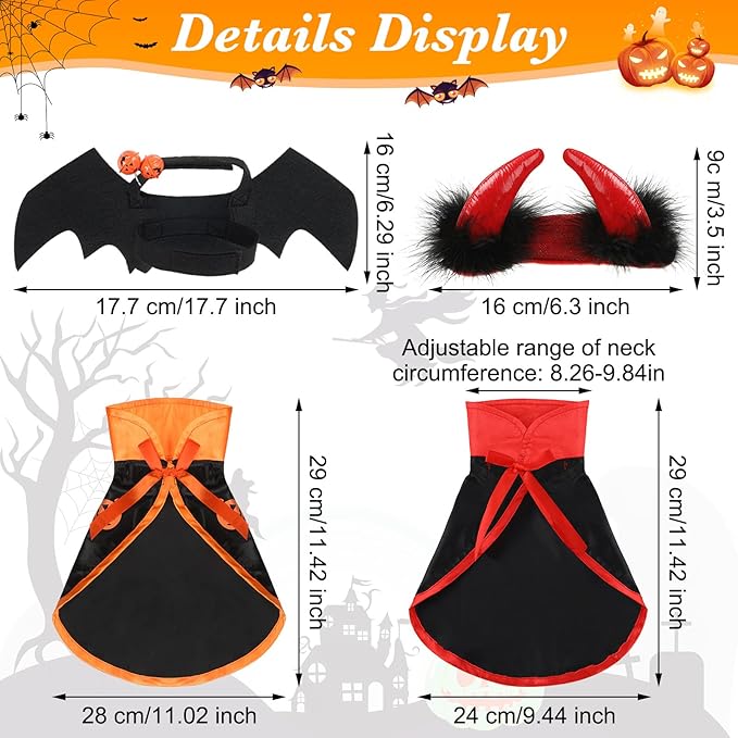 Potchen 5 Pcs Cat Halloween Vampire Costume Halloween Pet Costume Clothes Set Cat Vampire Cloak Devil Witch Hat Bat Wings Wizard Clothes for Puppy Cosplay Dress up Accessories