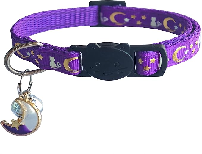 2 Pack Breakaway Cat Collars, Glow in Dark with Bell & Moon Star Pendant, Safety Buckle Kitten Collars Adjustable from 6.9-10.7" (Pink/Purple)