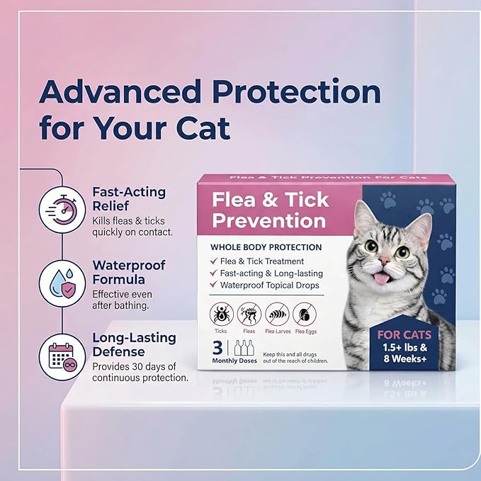 Topical Flea & Tick Drops for Cats & Kittens, Waterproof Monthly Care for Cats Over 1.5 lbs and 8 Weeks or Older, 3 Doses (3-Month Supply)
