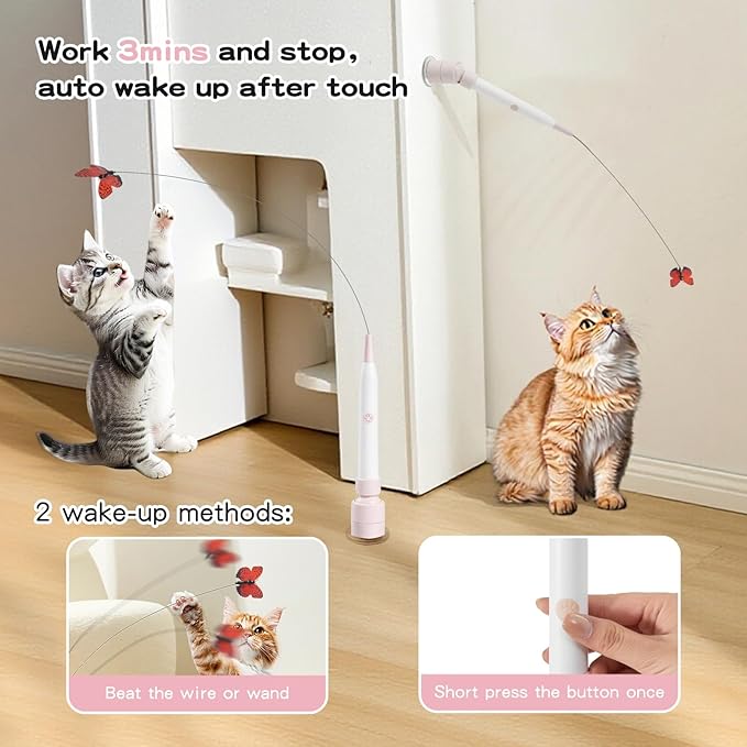 Interactive Cat Toys for Indoor Cats - Electric Cat Wand Toy with Butterfly, Self-Play & Handheld Dual Mode, USB Rechargeable with Strong Suction Base, Smart Motion Activated Enrichment Cat Toy, Pink