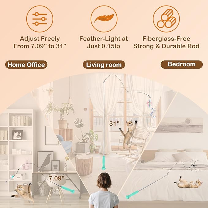 Cat Wand Toy – Retractable Wand with 4 Feather Toy Refills for Indoor Cats Enrichment, Interactive Cat Toy for Bored Adult Cats and High-Energy Kittens (BioBugs Serie 2.0)