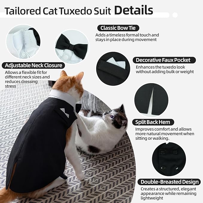 QBLEEV Cat Tuxedo Outfit, Sphynx Cat Costume for Cats Only, Formal Kitten Clothes Attire Suit with Bow Tie, Stylish Birthday Wedding Party Photo Shoots Costume for Male Female Cats, L, Black