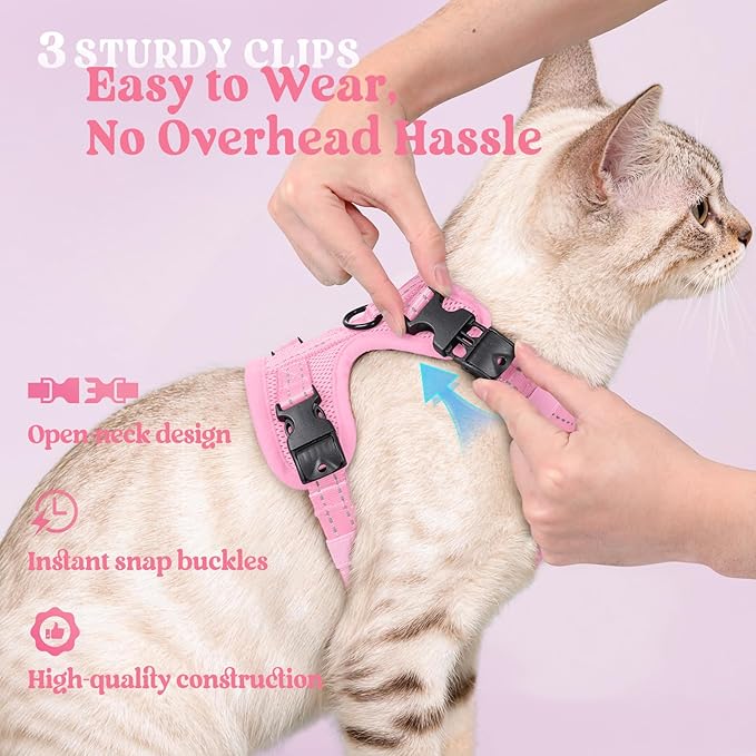 rabbitgoo Cat Harness and Leash, Escape Proof Vest with 3 Adjustable Buckles, Soft Comfortable Kitten Harness, Easy to Wear, Reflective for Safe Outdoor Walking, Medium, Pink