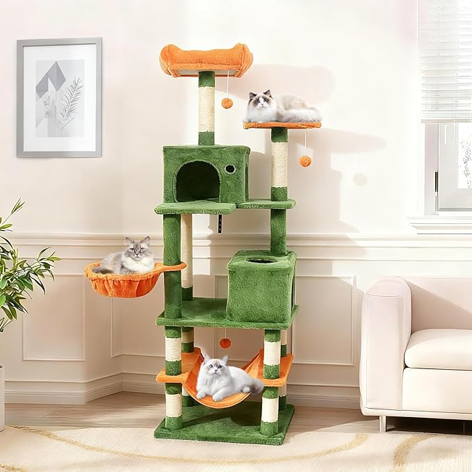 Tangkula 66 Inch Tall Cat Tree, Multi-Level Cat Tower with Sisal Scratching Posts, 2 Condos, Plush Perch, Hammock, Basket, Dangling Toys, Cat Climbing Furniture for Indoor Cats (Green+Orange)