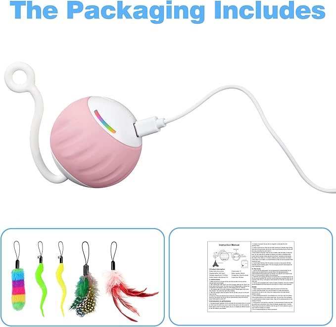 2.36 Inches Large Cat Toys Ball - Won’t Get Stuck, [Newly Upgraded] Sound & Motion-Activated, 2 Speed Fast/Slow Settings Automatic Interactive Cat Toy for Indoor Cats with 5 Tails Rechargeable - Pink