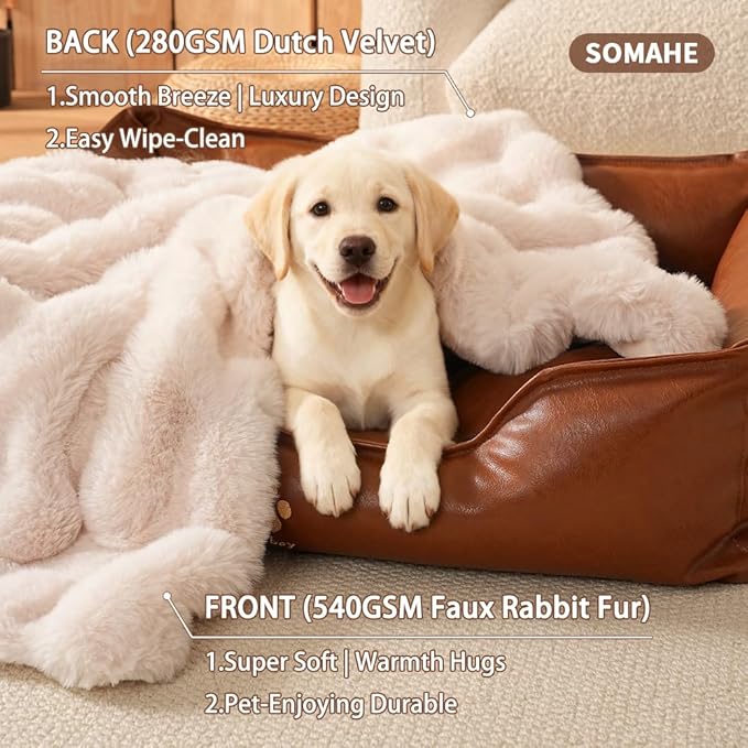 SOMAHE Dog Blanket, Reversible Sherpa & Bubble Fleece Pet Throw, Ultra-Soft Plush for Medium Dogs, Machine Washable, Anti-Static, Warm & Cozy, 39"×31" Inch White