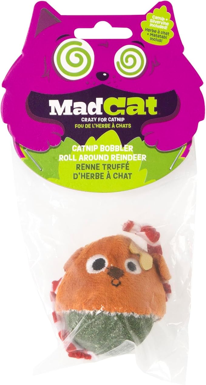 Mad Cat Catnip Bobbler Roll Around Reindeer Plush Soft Cat Toy, Pack of 1