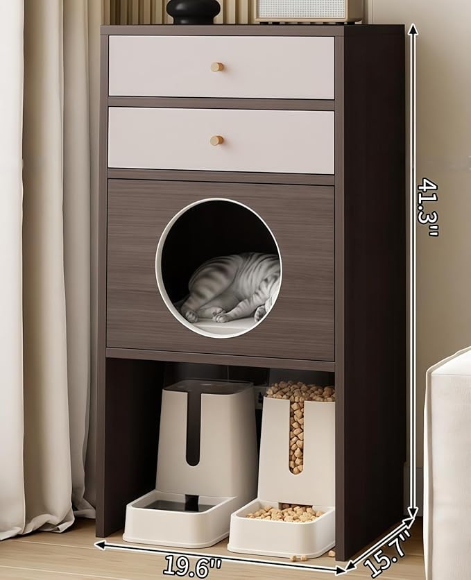 Multi-Function Cat House Furniture, Solid Wood Cat Condo with Storage Drawer, Pet Bed & Feeding Area, Compact Cat Cabinet (Oak & Khaki,19.6" L*15.7" W*41.3" H)